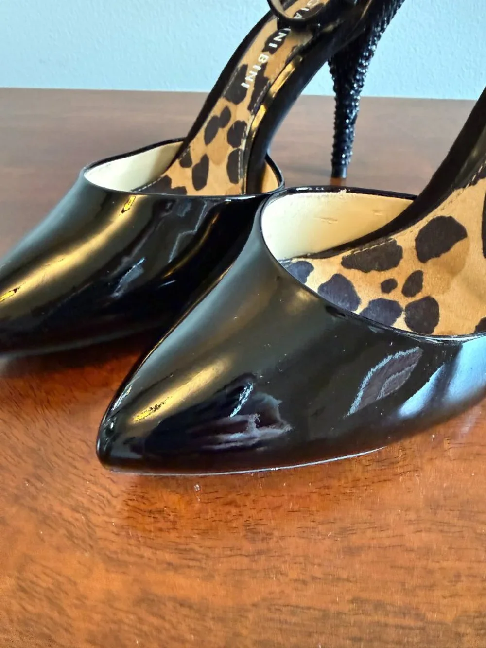 Gianni Bini Black Patent Leather D'Orsay Pumps Leopard Lining Ankle Strap Heels